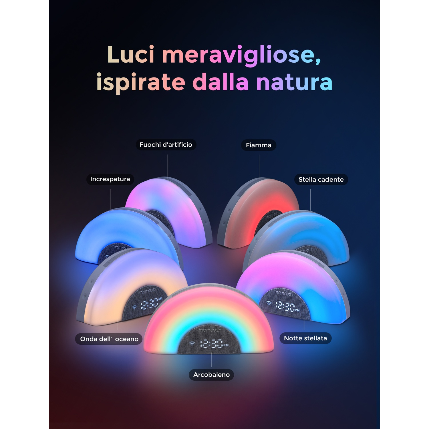 Diverse lampade da comodino mostrano luci come arcobaleno e fiamme.