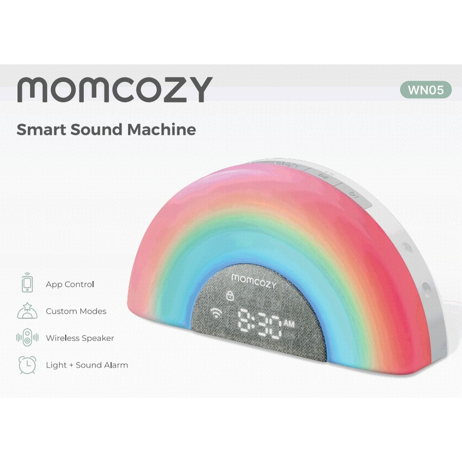 Una macchina del suono intelligente Momcozy a forma di arcobaleno con orologio digitale che mostra le 8:30.