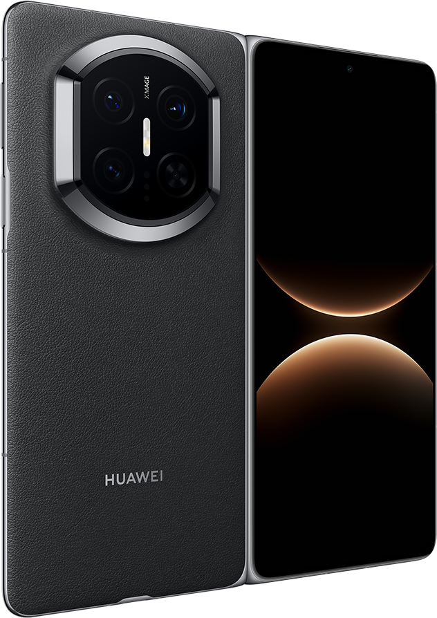 Sötét Huawei okostelefon négy kamerával és bőr textúrával.