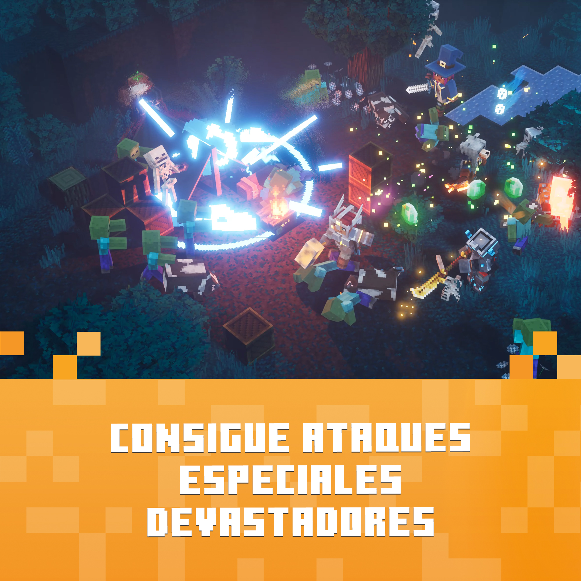Escena de batalla de Minecraft Dungeons con explosión mágica que daña a múltiples enemigos. Consigue ataques especiales devastadores.