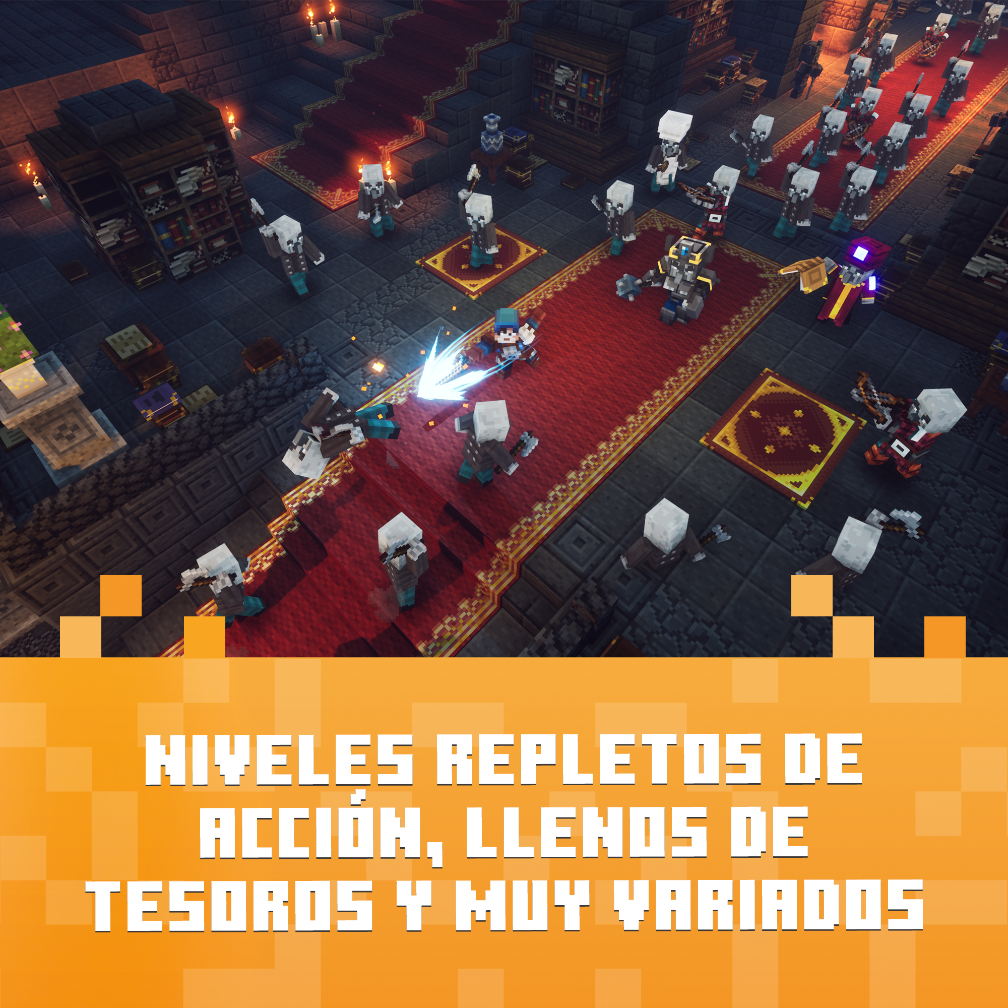 Escena de Minecraft Dungeons con mazmorra y héroe luchando contra numerosos enemigos. Niveles repletos de acción, llenos de tesoros y muy variados.
