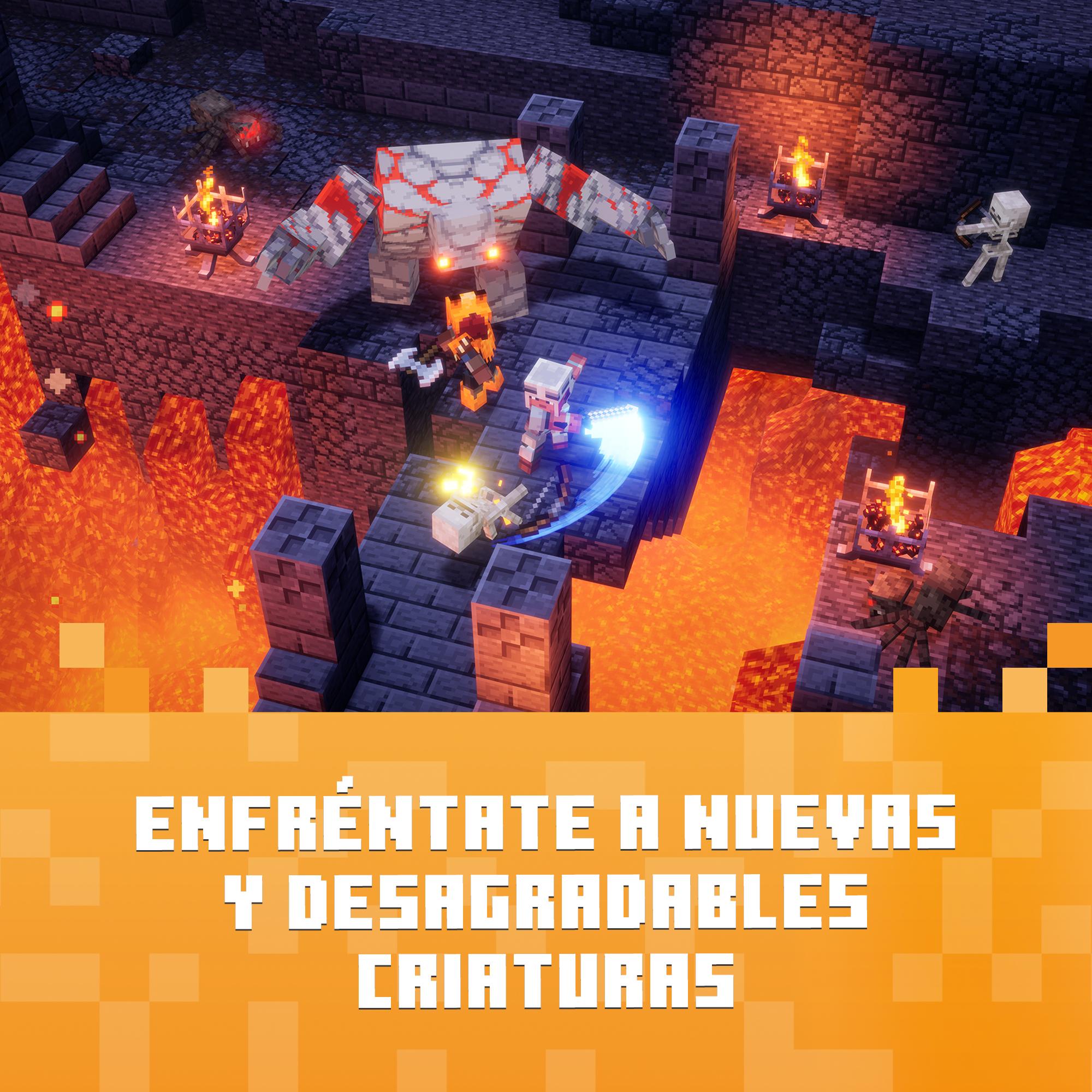 Escena de Minecraft Dungeons con héroes luchando en puente sobre lava contra golem y esqueletos. Enfréntate a nuevas y desagradables criaturas.