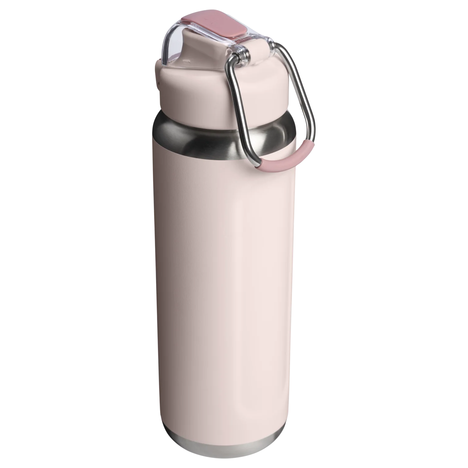 Gümüş saplı ve kapaklı açık pembe termos şişe.