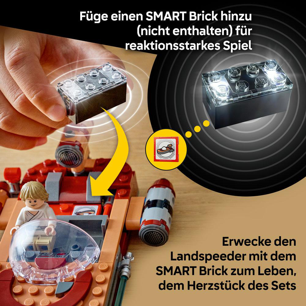 Ein Lego-Minifigur baut einen roten Landspeeder mit einem SMART Brick.