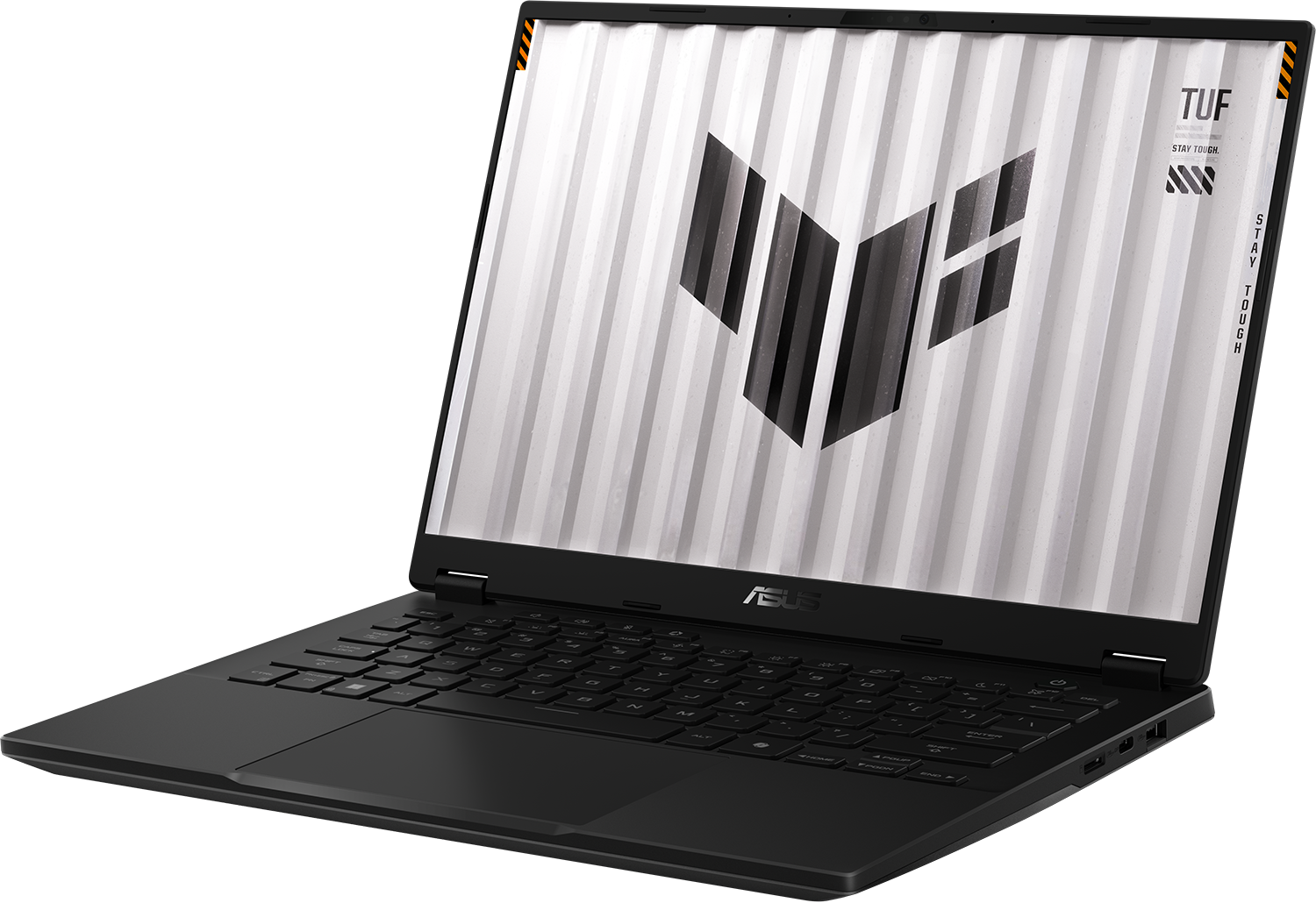 Fekete laptop világító képernyővel, ezüst csíkos mintával és TUF logóval.