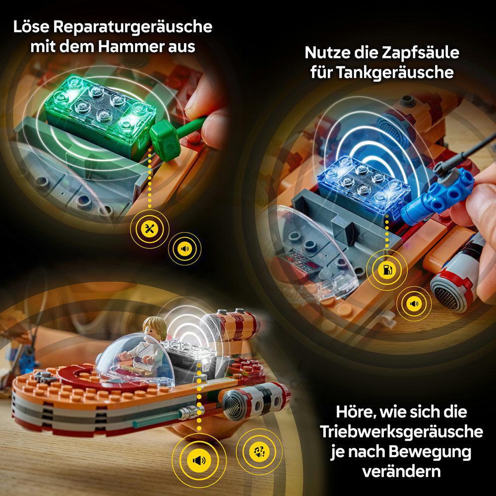Ein LEGO-Raumschiff mit Lichtern und Symbolen für Geräusche. Ein Hammer löst Reparaturgeräusche aus.