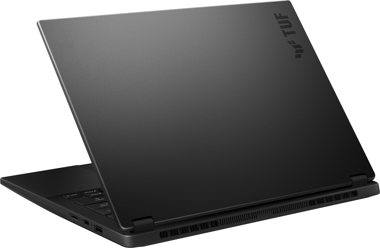 Zárt fekete laptop TUF logóval a fedelén.