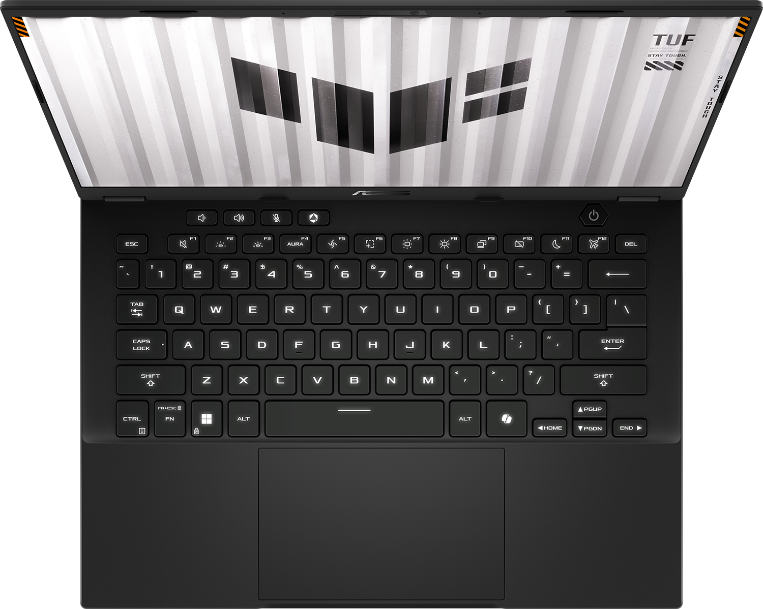 Egy nyitott, fekete laptop világító billentyűzettel és TUF logóval a képernyőn.
