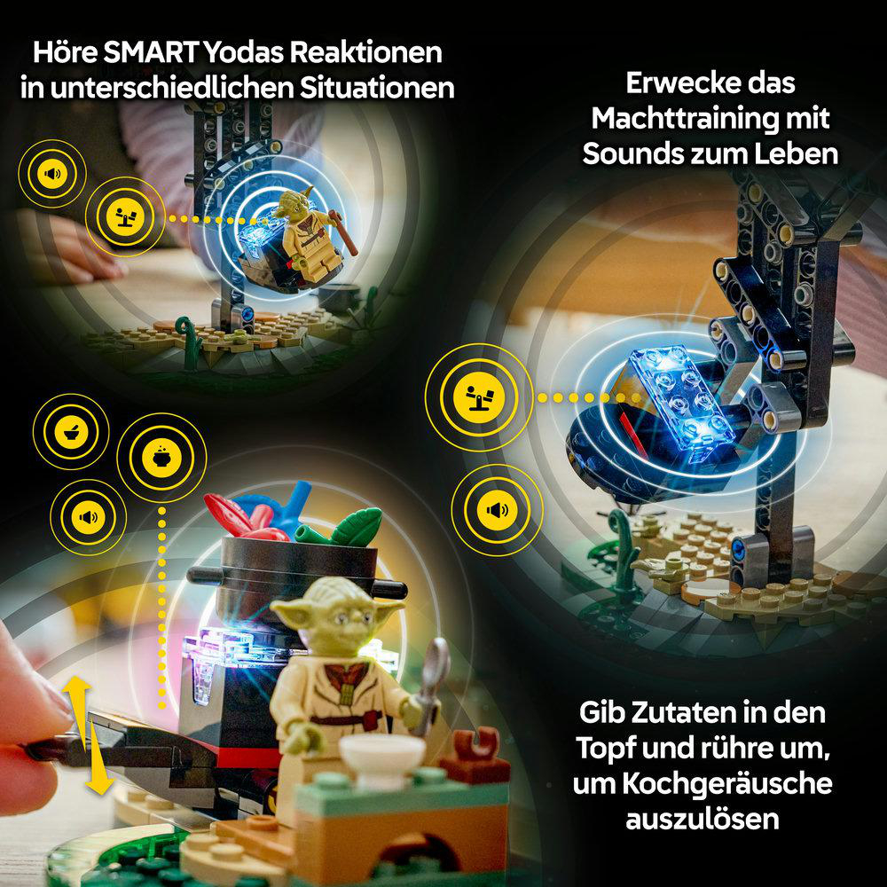 LEGO Yoda mit interaktiven Sound- und Lichteffekten in verschiedenen Szenarien.