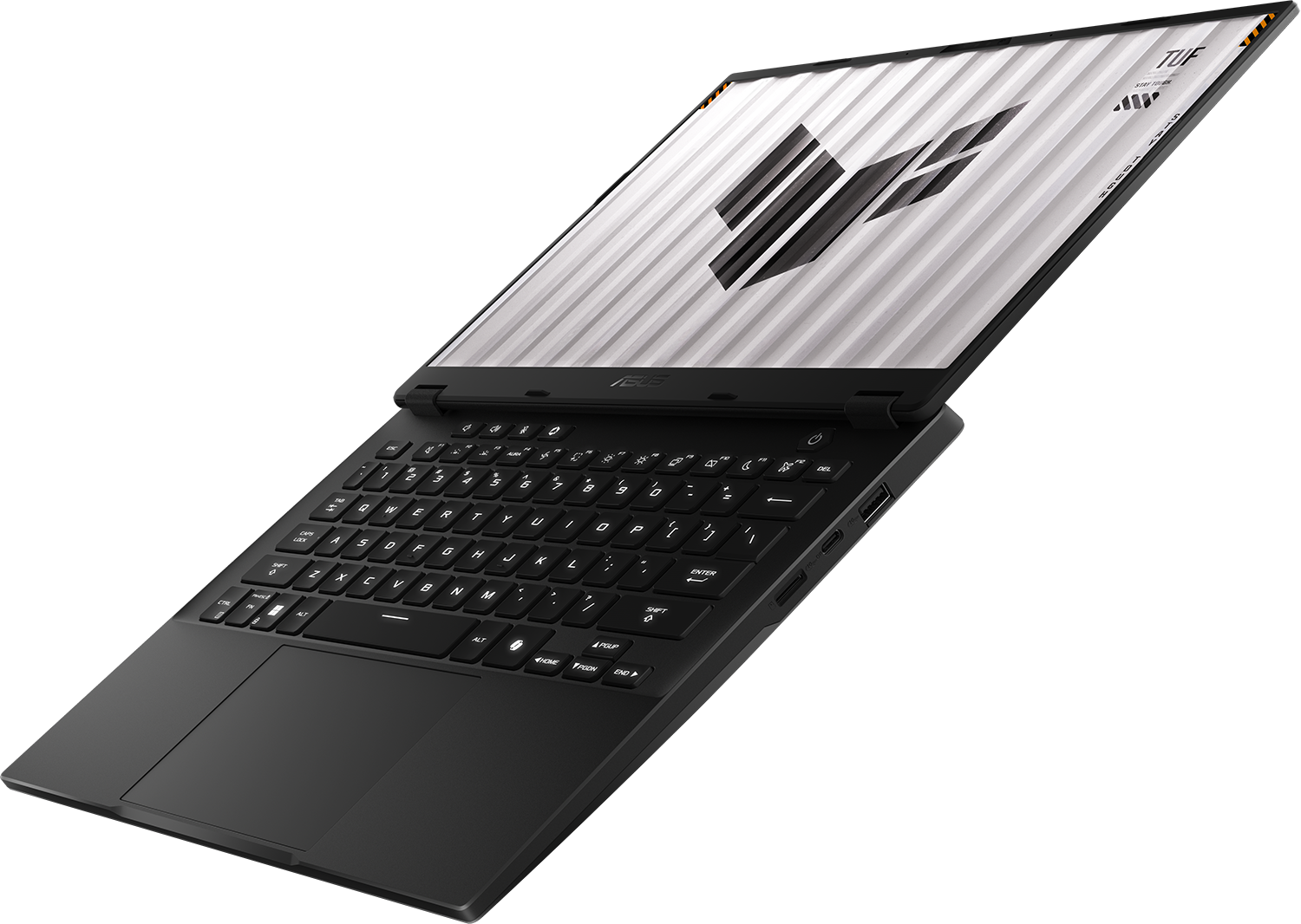 Egy fekete laptop nyitott képernyővel, logót mutatva.