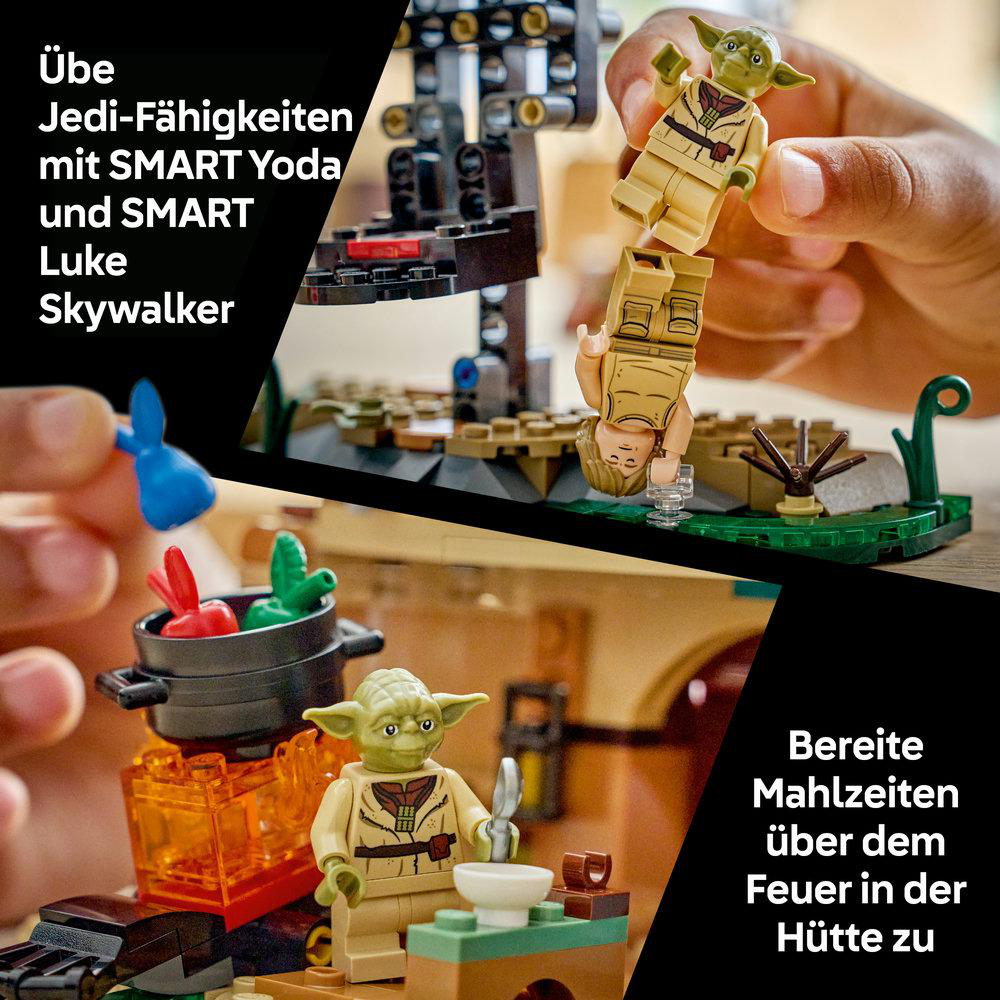 Lego-Figuren von Yoda und Luke Skywalker in verschiedenen Szenarien.