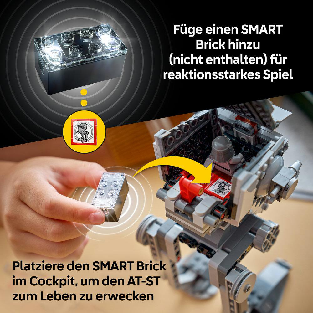 Ein LEGO AT-ST Walker mit einem SMART Brick im Cockpit. Ein SMART Brick wird gezeigt.