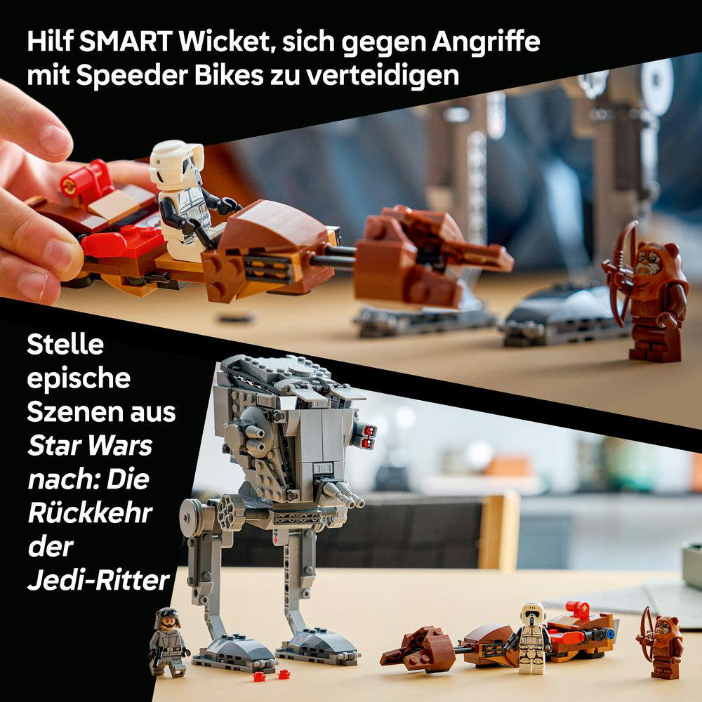 LEGO Star Wars-Szene mit Speeder Bikes, AT-ST und Figuren.