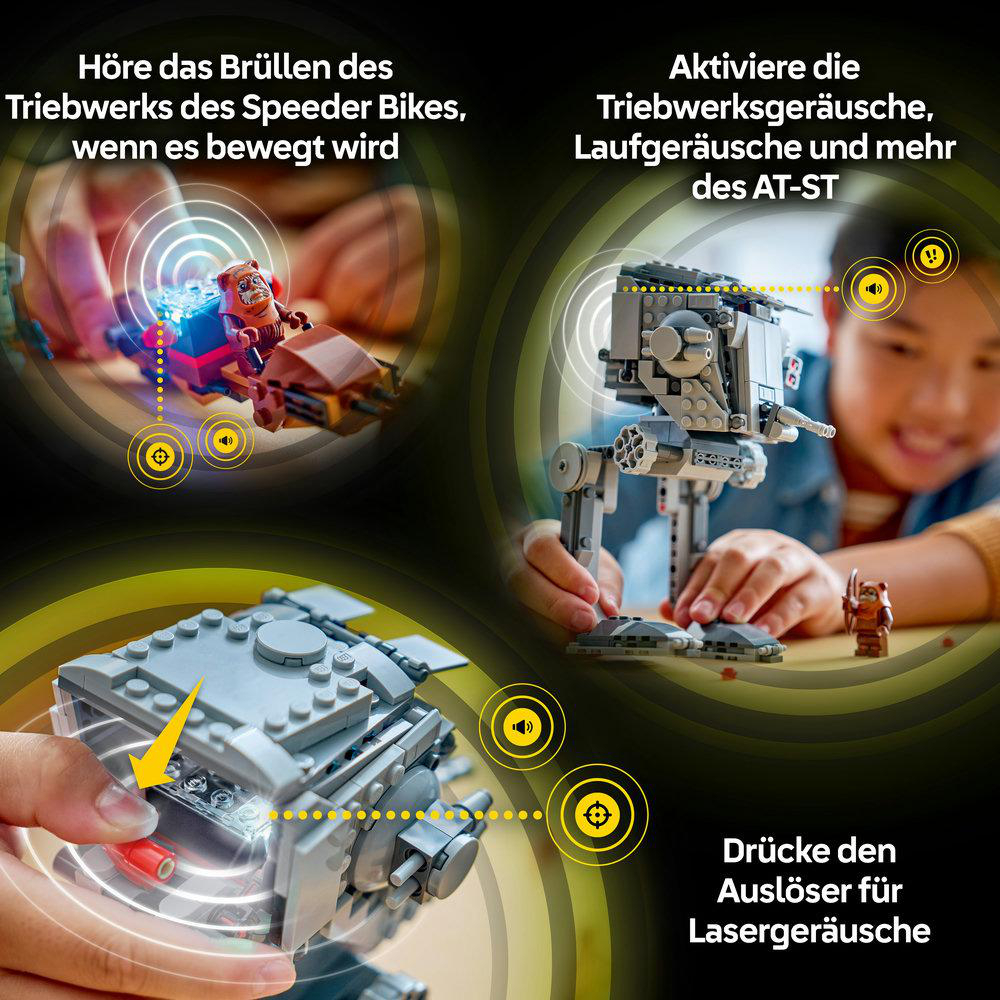 Lego Star Wars Sets: Speeder Bike, AT-ST, und ein technisches Bauteil.