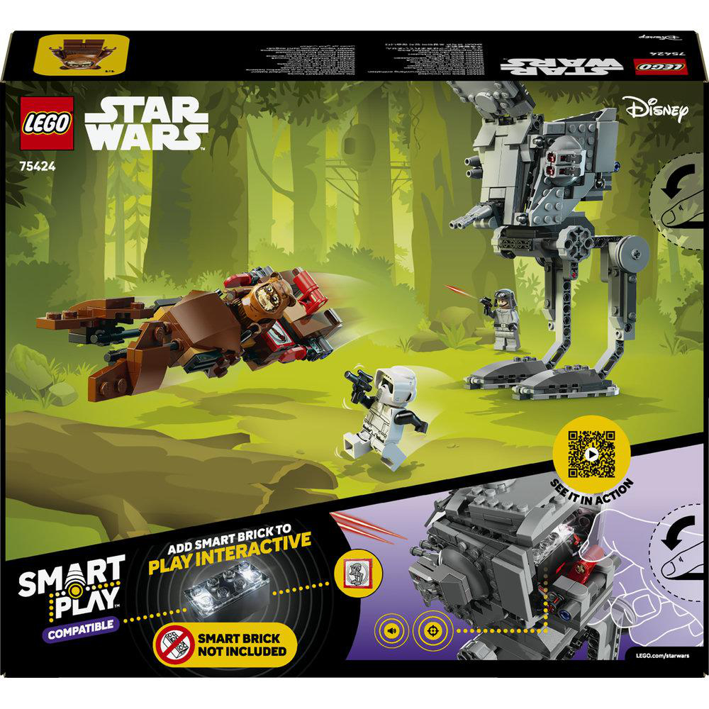 LEGO Star Wars AT-ST Walker mit Minifiguren und Fahrzeugen in einer Waldumgebung.