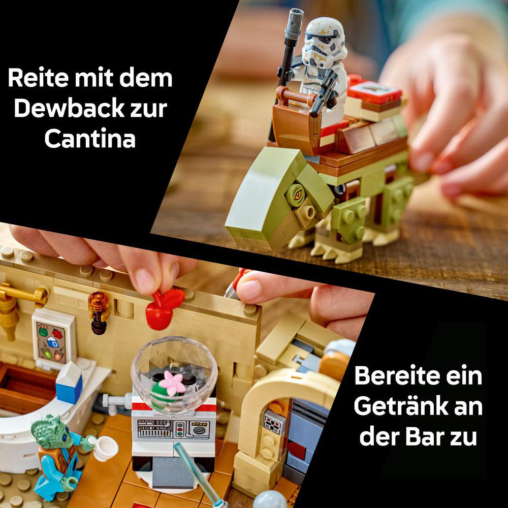 Oben: Ein Lego-Sturmtruppler reitet auf einem grün-braunen Dewback. Unten: Ein Lego-Alien bereitet ein Getränk an einer Bar zu.