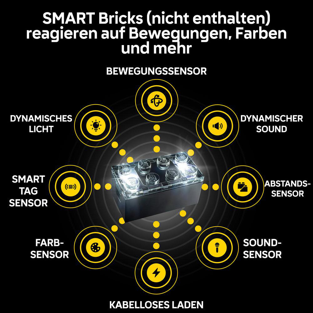 Grafik zeigt SMART Bricks mit Sensoren für Bewegung, Licht, Sound, Farbe, Abstand, Tag und kabelloses Laden.