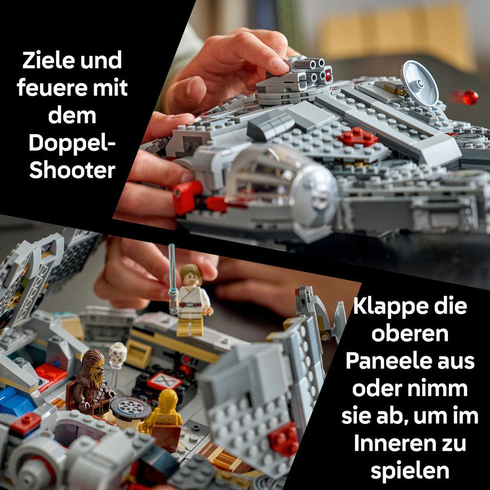 Lego Millennium Falcon mit Figuren. Obere Hälfte zeigt Doppel-Shooter, untere Hälfte das Innere.