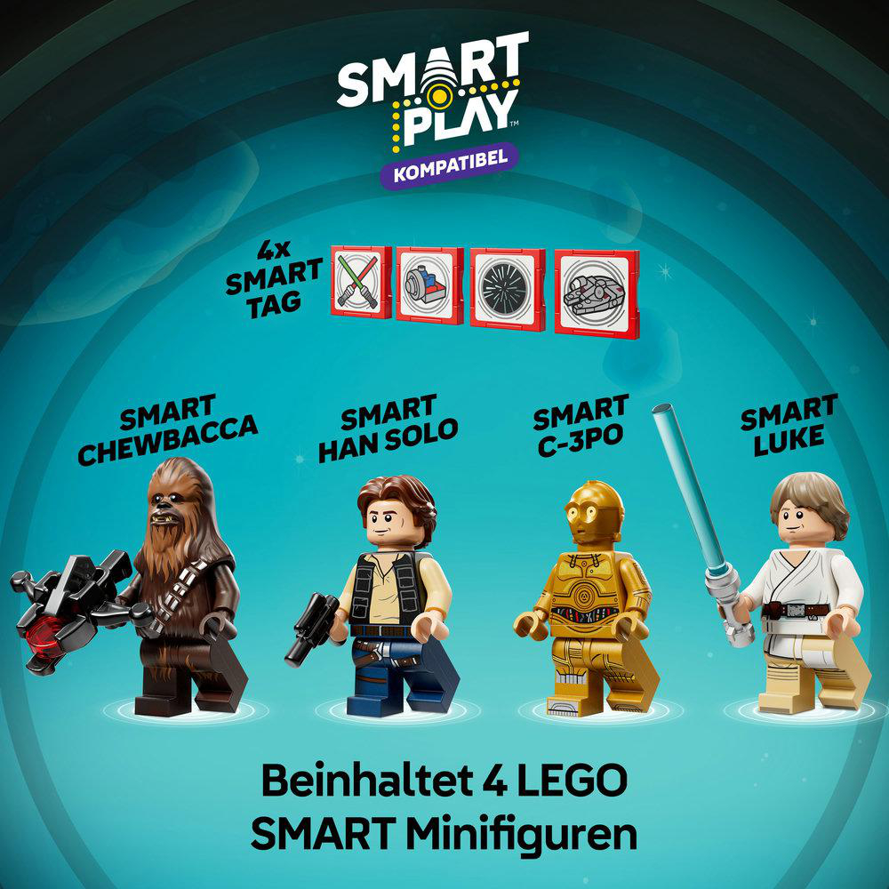 Vier LEGO Star Wars Minifiguren: Chewbacca, Han Solo, C-3PO, Luke.