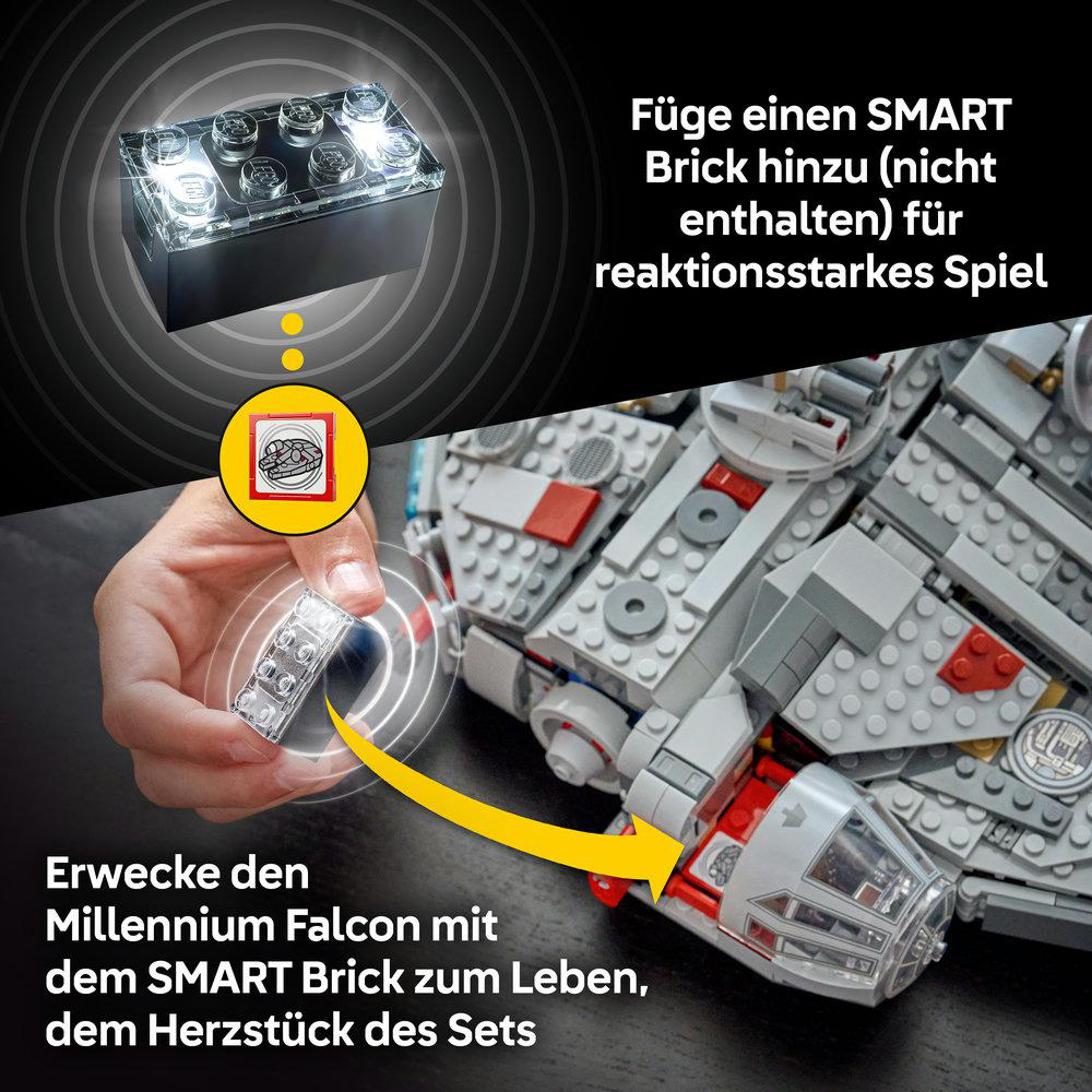 Ein leuchtender SMART Brick wird in ein Lego-Modell eingefügt.