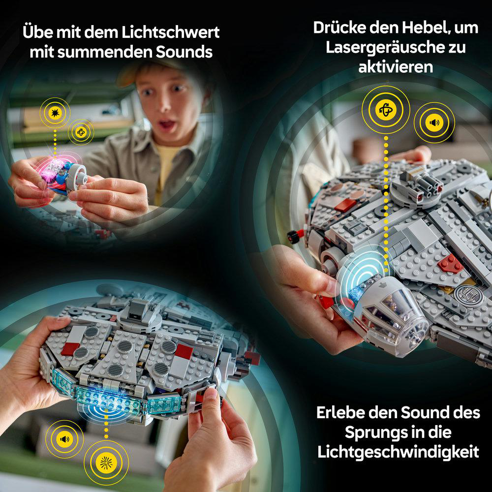 Ein Junge spielt mit einem Lichtschwert. Eine Hand drückt einen Hebel an einem Modell.