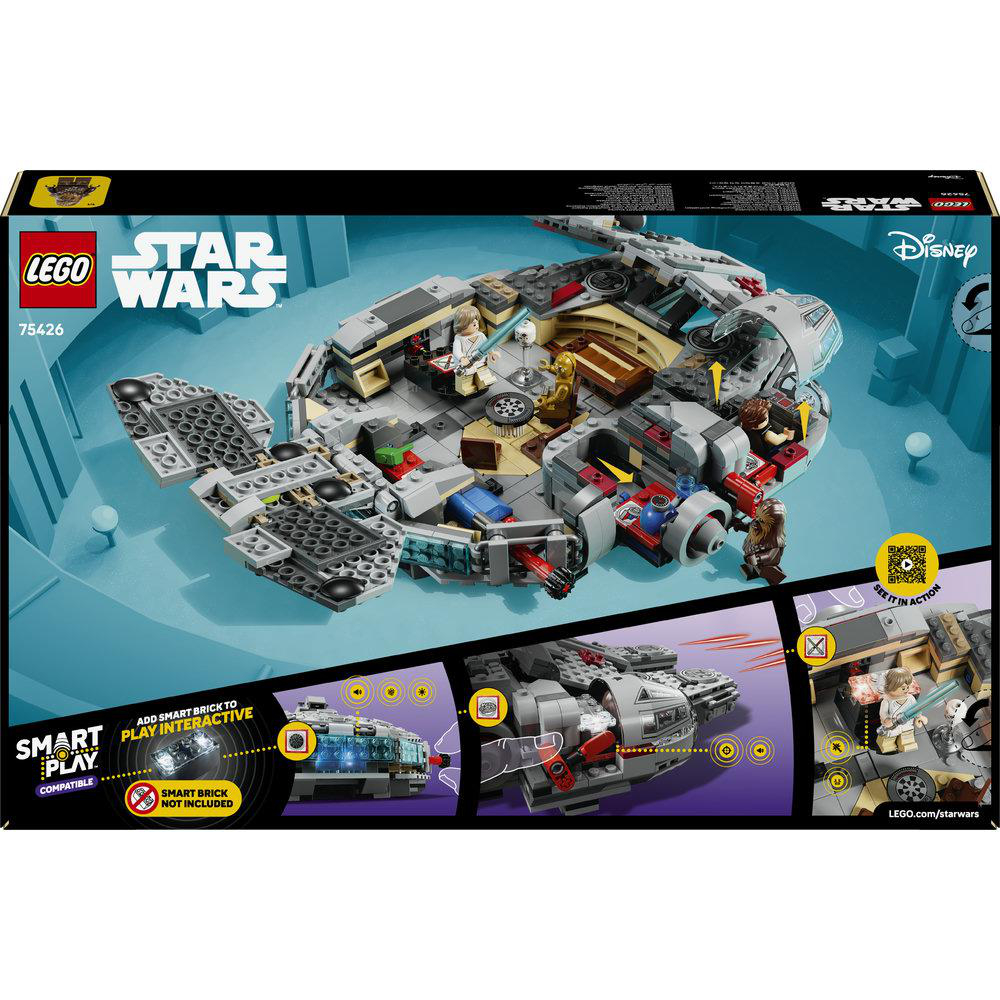 Ein Lego Star Wars Millennium Falke Set, 75426, ist auf seiner Box abgebildet, mit Minifiguren im Inneren.