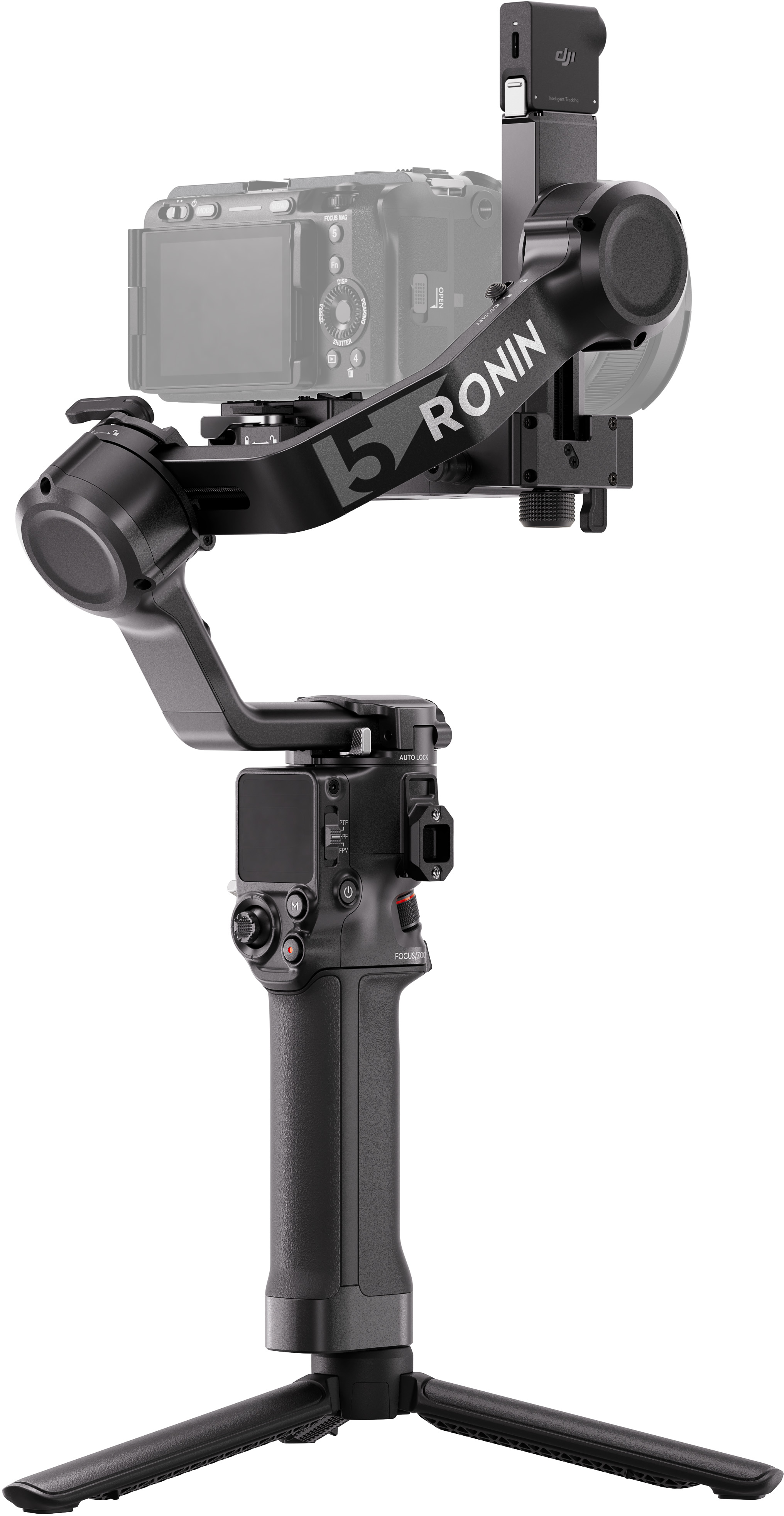 Un cardan DJI Ronin 5 noir avec une caméra et un trépied pliable.
