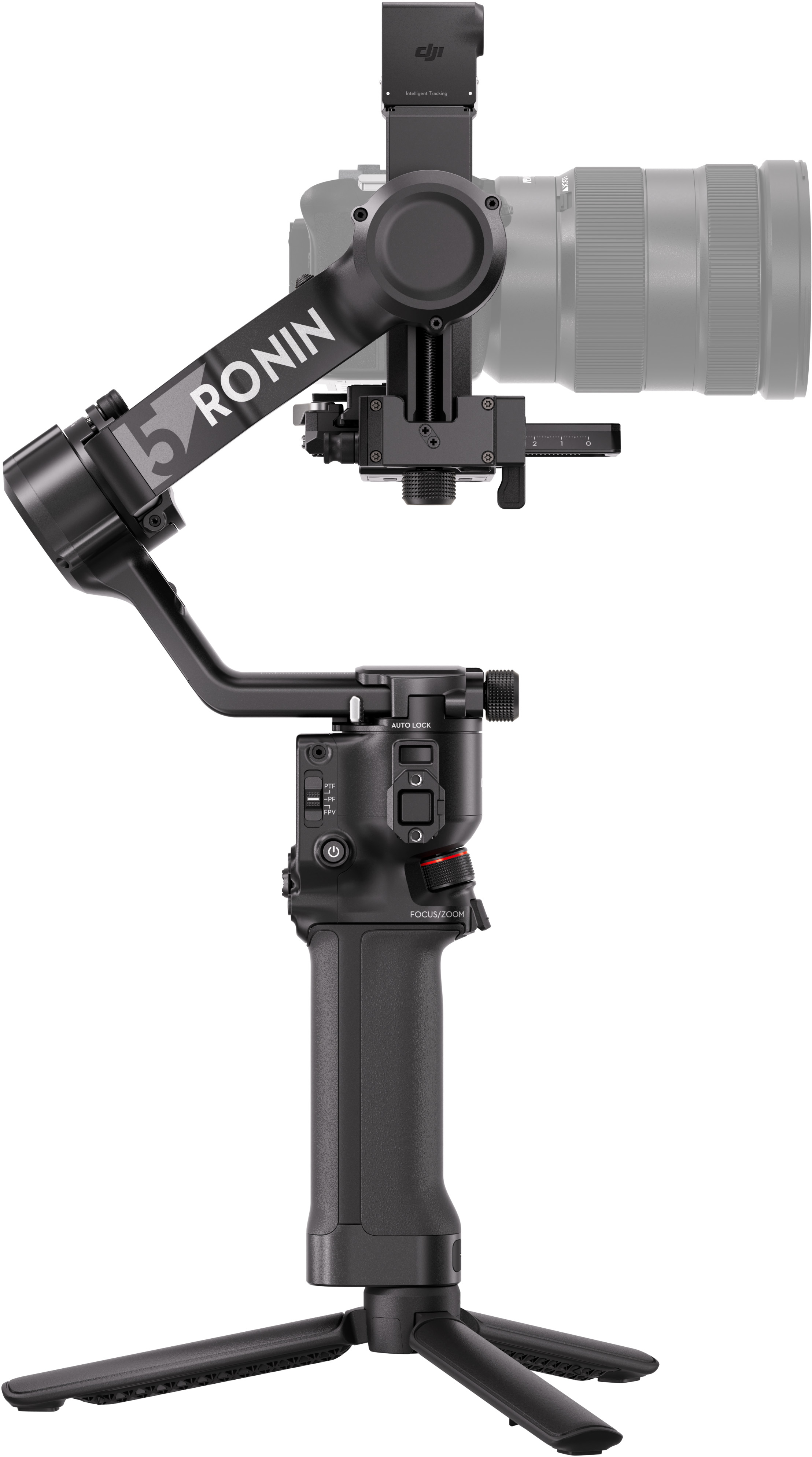 Un cardan de caméra noir avec logo DJI Ronin, trépied et caméra.