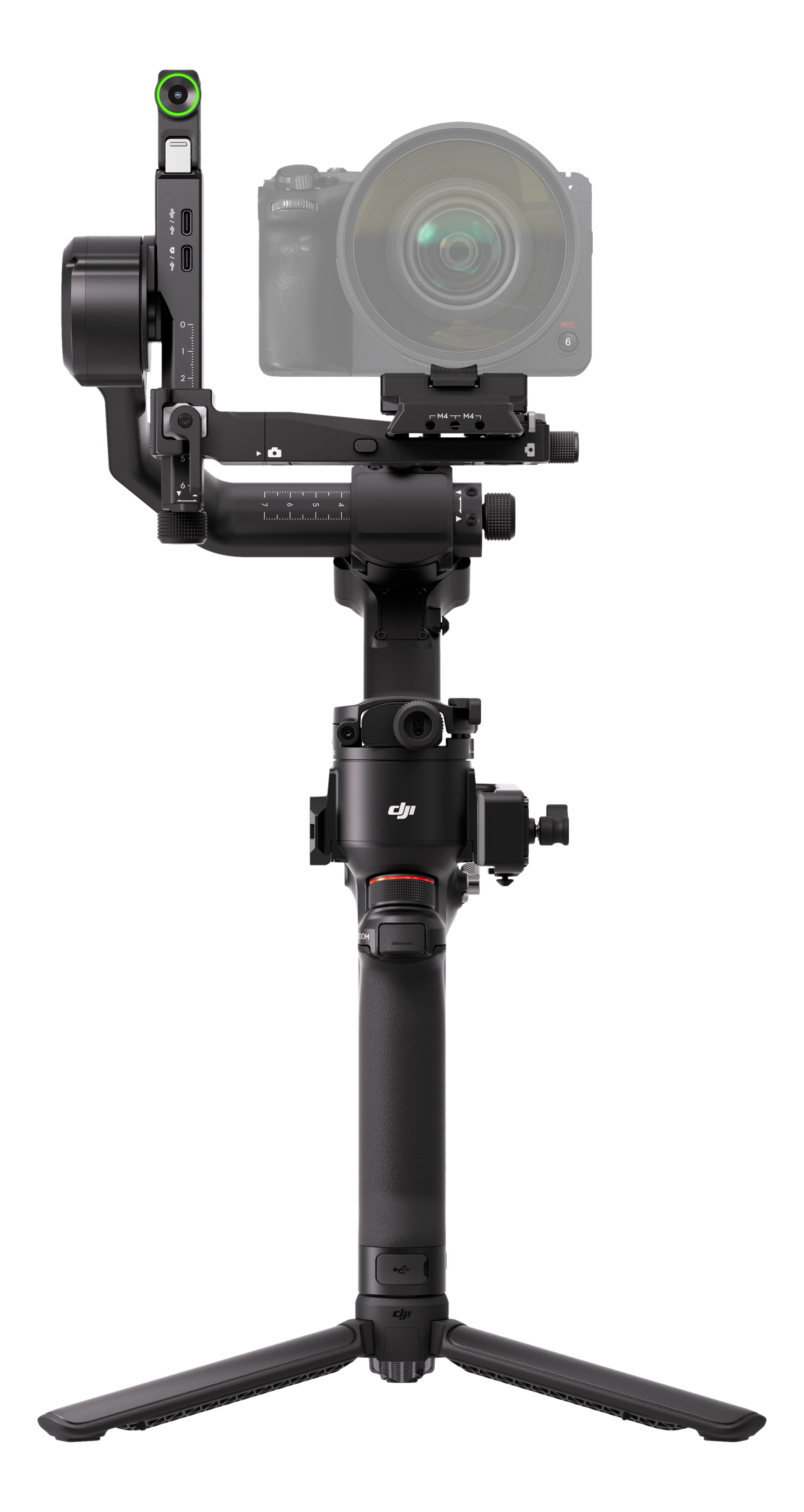 Gimbal de caméra noir avec pieds de trépied, caméra attachée. Ports USB visibles.