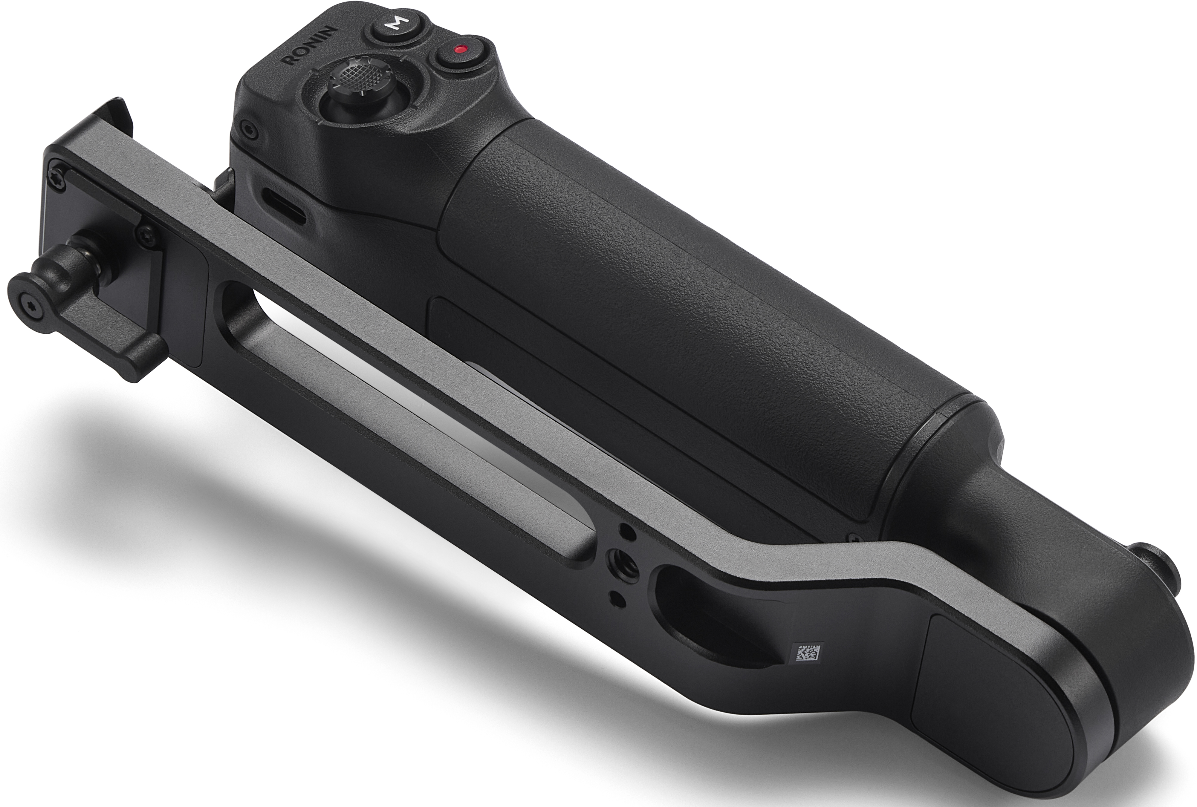 Un stabilisateur de caméra Ronin noir avec cadre argenté est montré sur fond blanc.