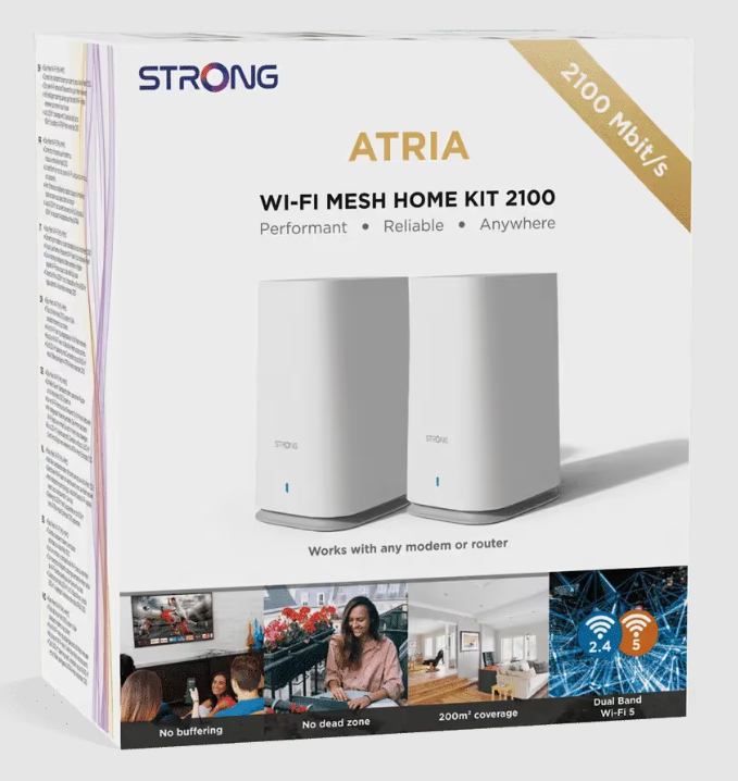 Verpackung für ein STRONG ATRIA Wi-Fi Mesh Home Kit 2100 mit zwei weißen Geräten.