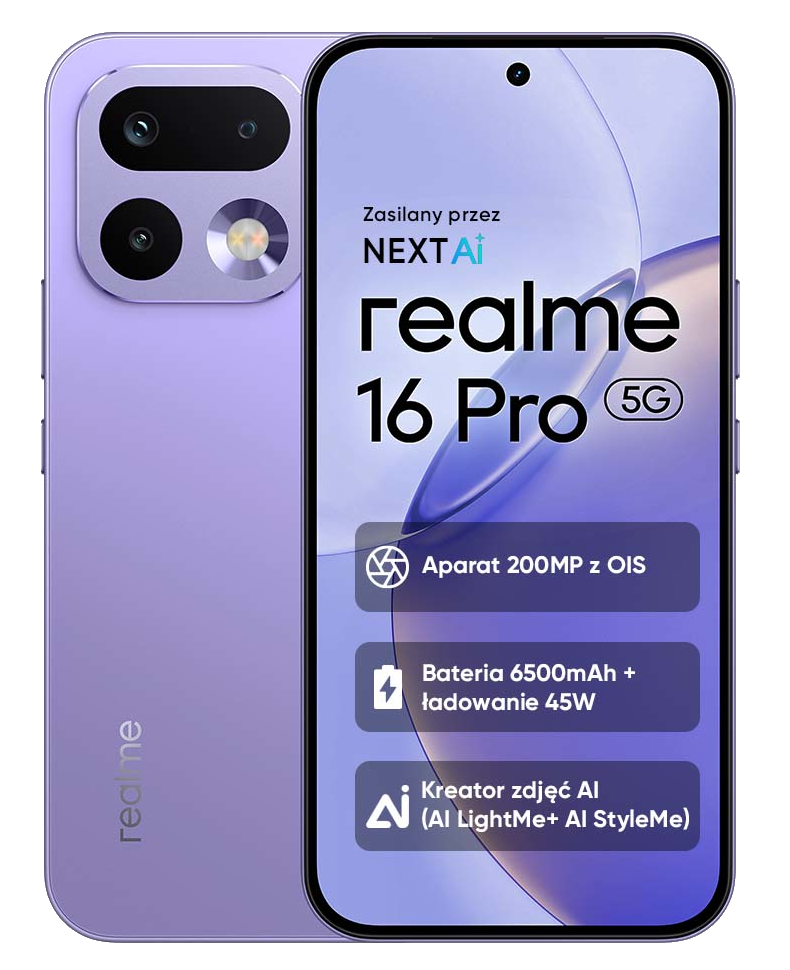Fioletowy Realme 16 Pro 5G z aparatem 200MP, baterią 6500mAh i ładowaniem.