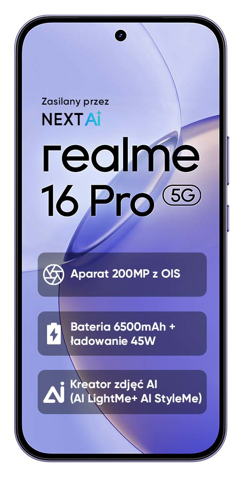 Telefon Realme 16 Pro 5G prezentuje cechy: aparat 200MP, bateria 6500mAh, ładowanie 45W.