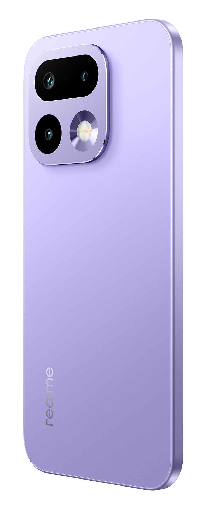 Fioletowy smartfon z potrójnym aparatem z tyłu i logo Realme.