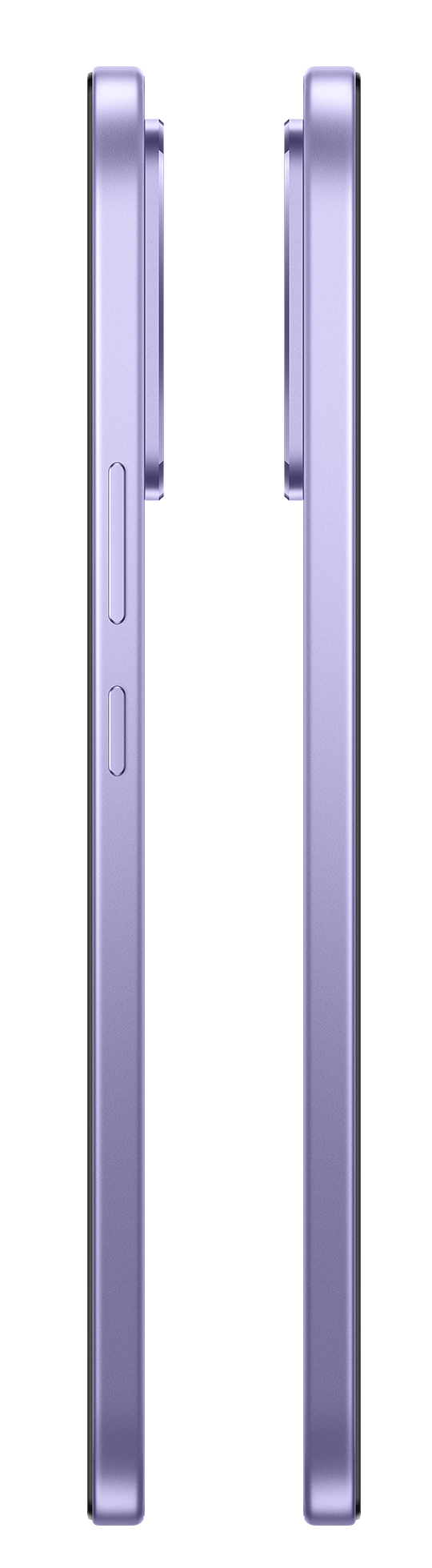 Dwa fioletowe smartfony obok siebie na białym tle.