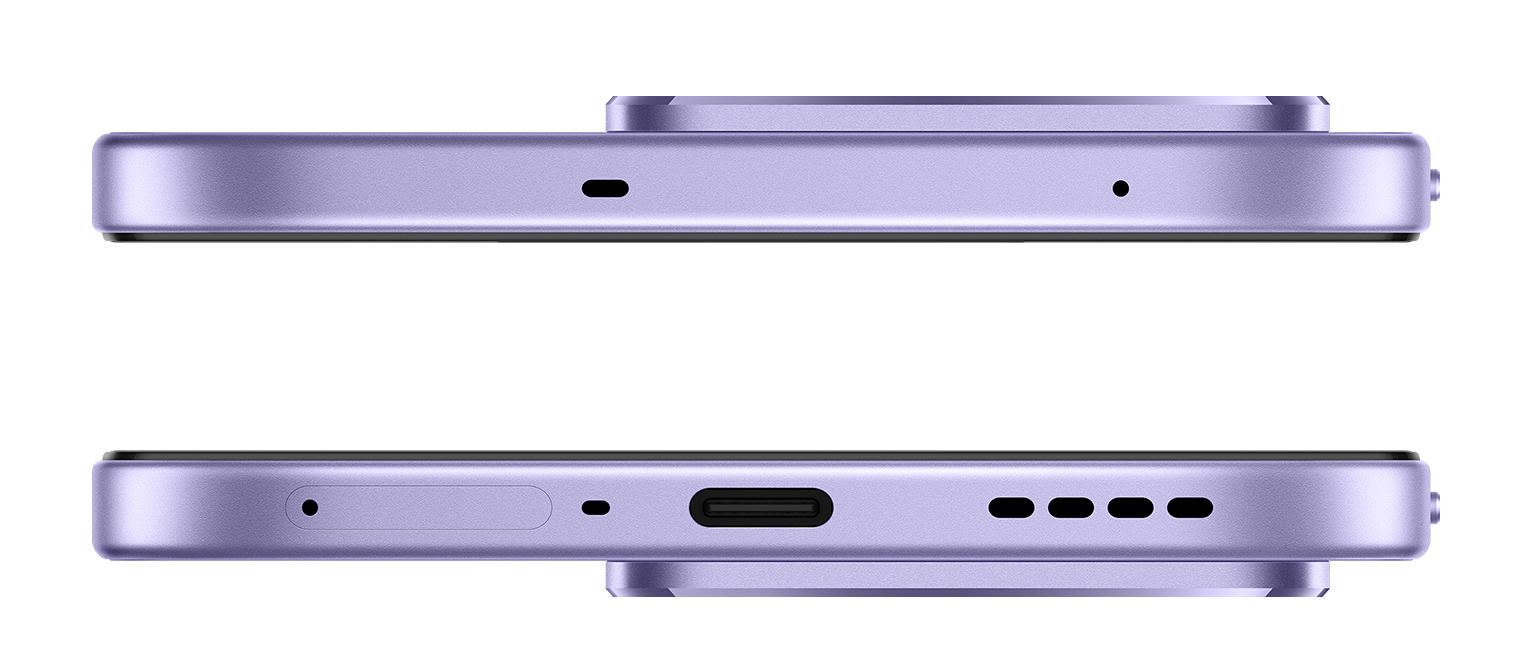 Fioletowy smartfon z portami: USB-C, grille głośnikowe i mikrofon.