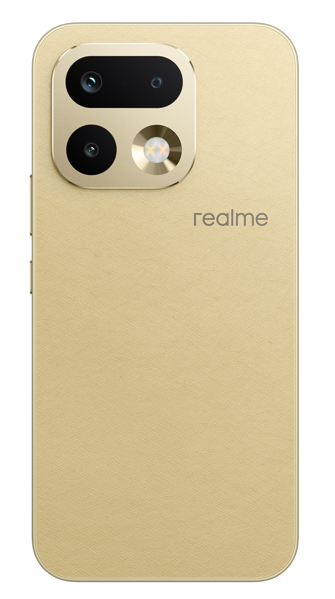 Tył złotego smartfona z prostokątnym modułem aparatu i logo Realme.