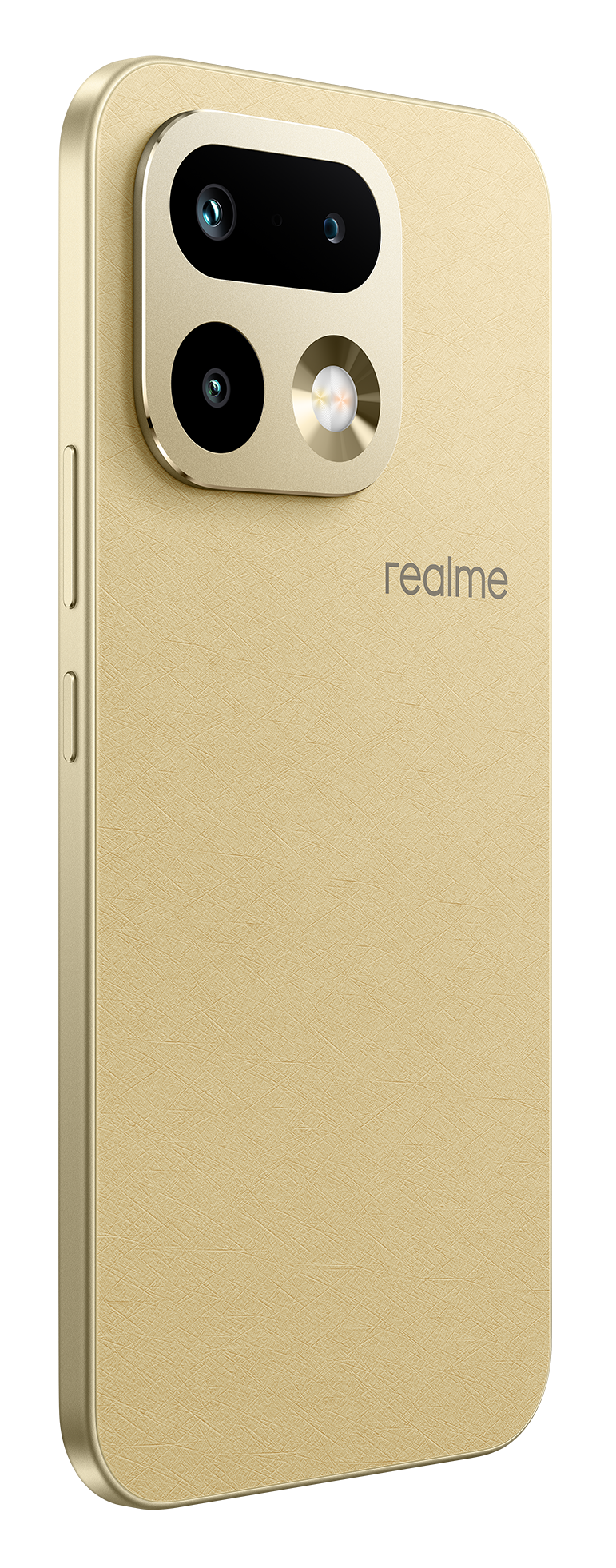 Złoty smartfon z modułem aparatu i logo Realme z tyłu.