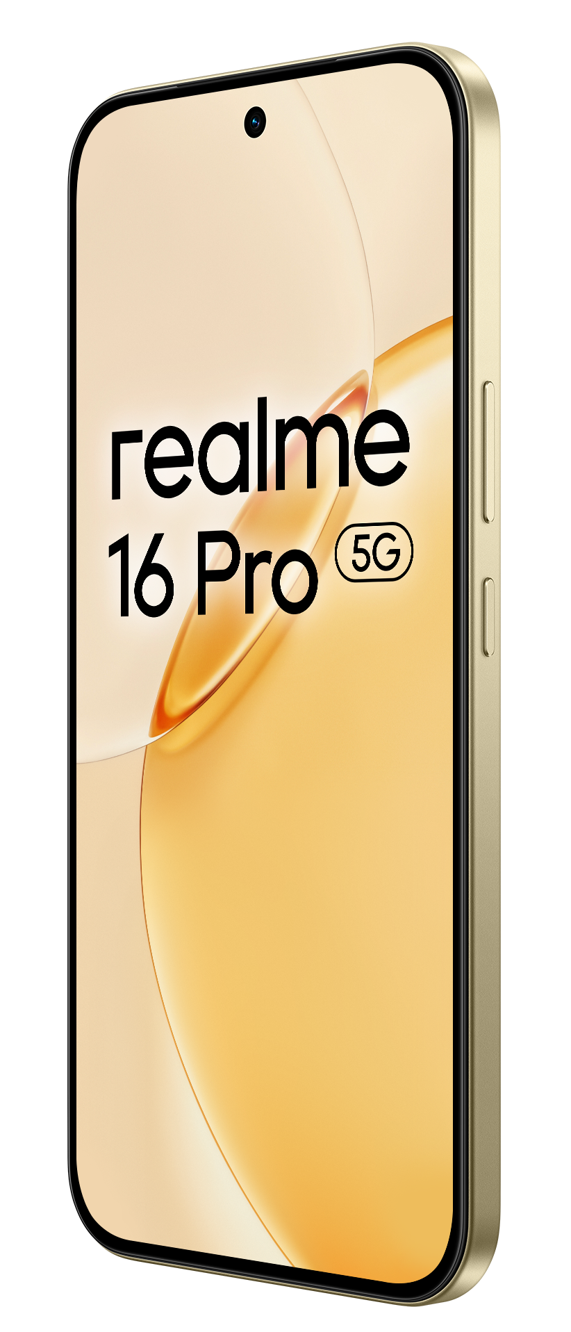Złoty smartfon Realme 16 Pro 5G w orientacji pionowej, z widokiem na ekran.