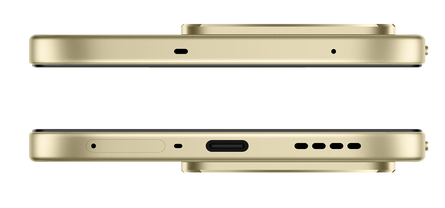 Złota góra smartfona z USB-C, otworami głośnikowymi i mikrofonem.