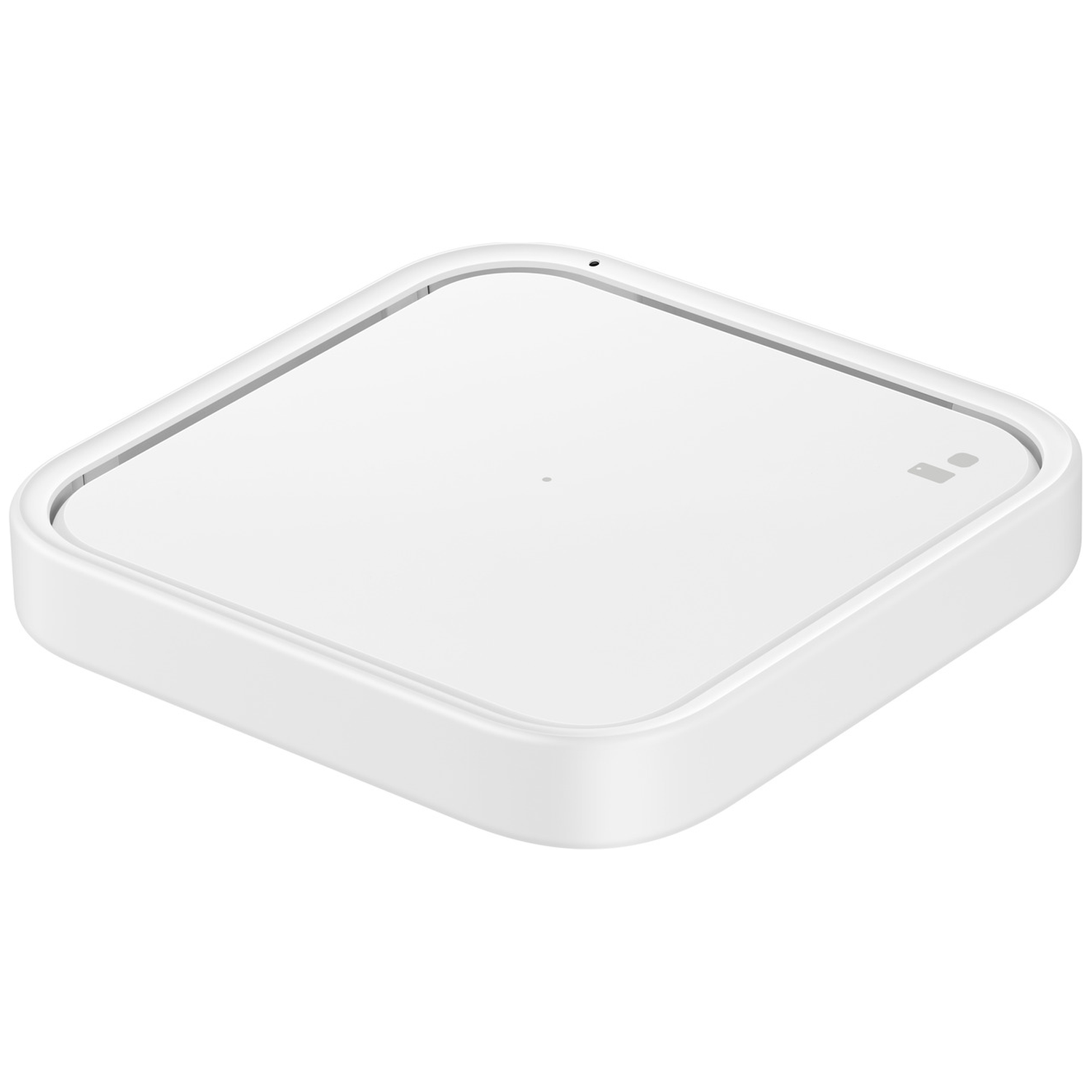 Een witte, vierkante draadloze oplader met afgeronde randen.