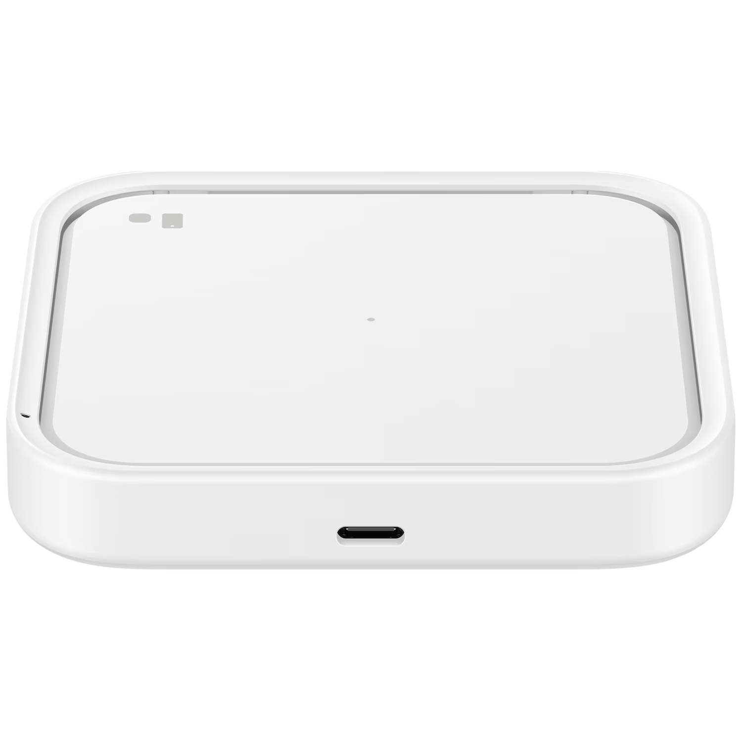 Een wit, vierkant apparaat met een USB-C-poort en indicatielampjes.