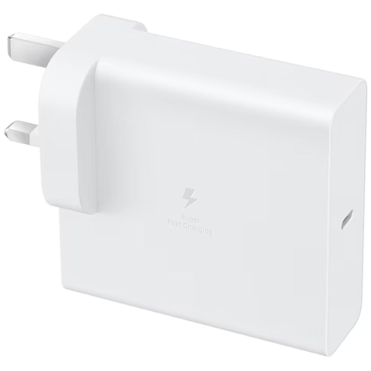 A white power adapter with a lightning bolt symbol and "Super Fast Charging" text.