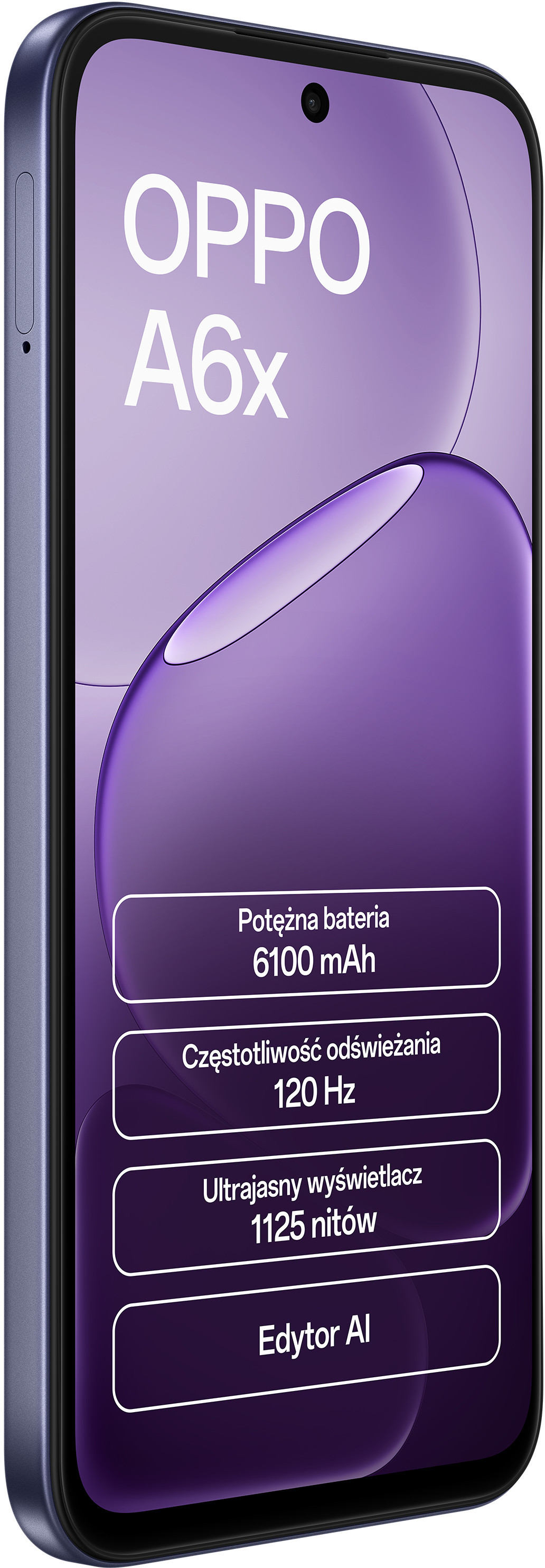 Fioletowy OPPO A6x: bateria 6100mAh, odświeżanie 120Hz, 1125 nitów.