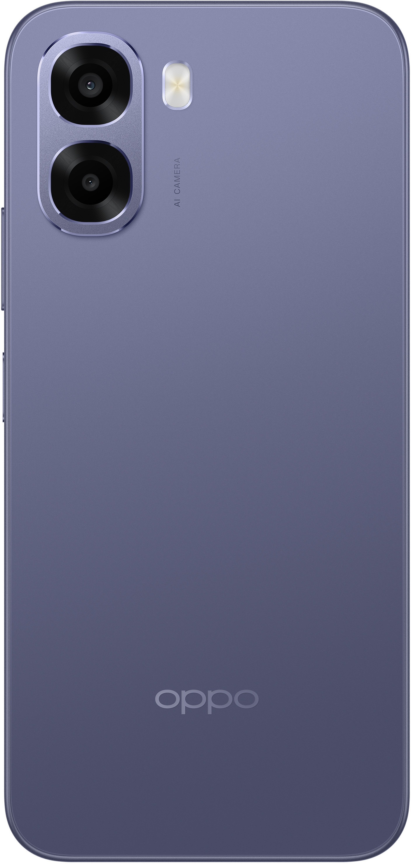 Fioletowy smartfon z podwójnym aparatem i logo OPPO z tyłu.