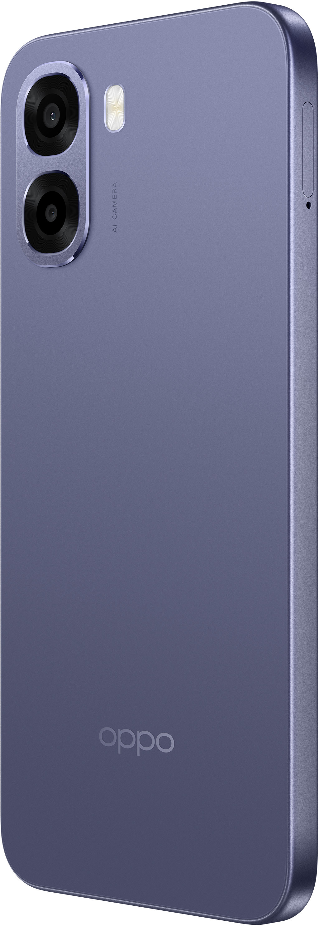 Tył fioletowego smartfona z podwójnym aparatem i logo Oppo.