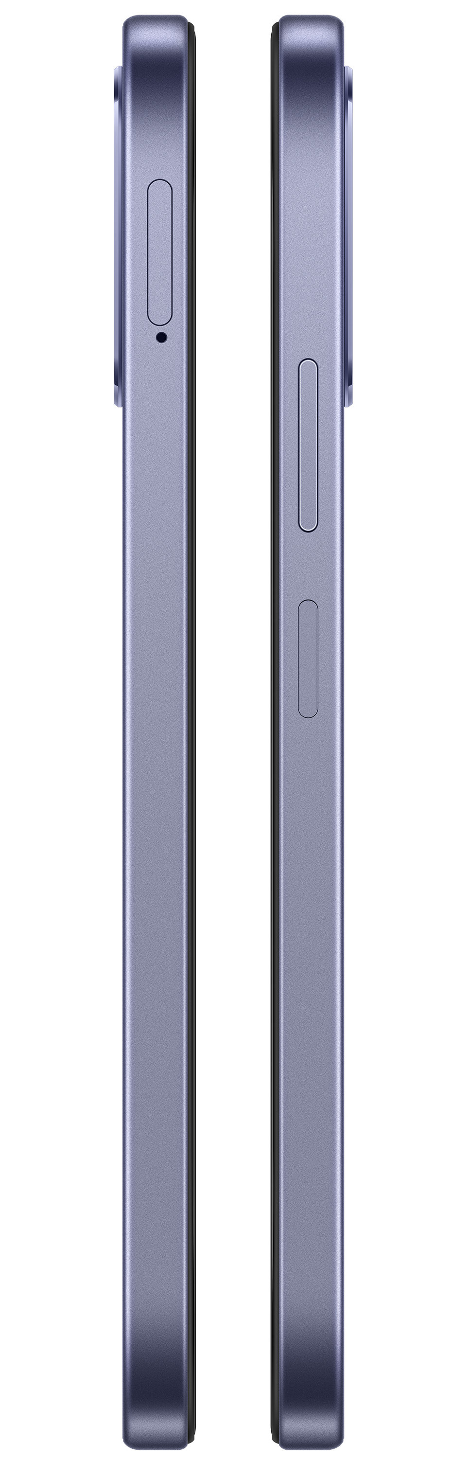 Dwa fioletowe smartfony obok siebie, widziane z boku. Po lewej kropka i szczelina.