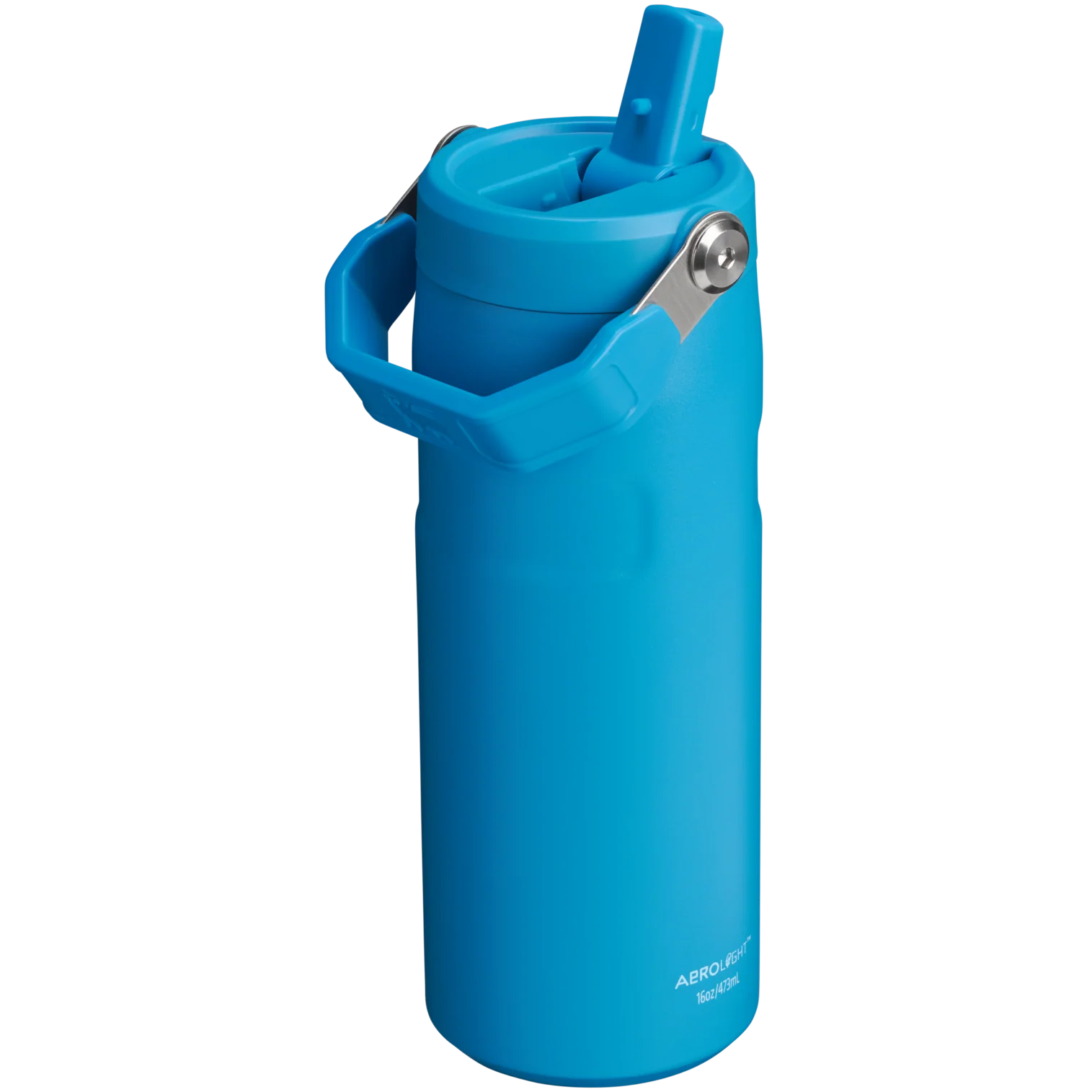 Saplı ve pipetli kapaklı mavi su şişesi. Şişedeki yazı: ABROLIGHT 16oz/473ml.