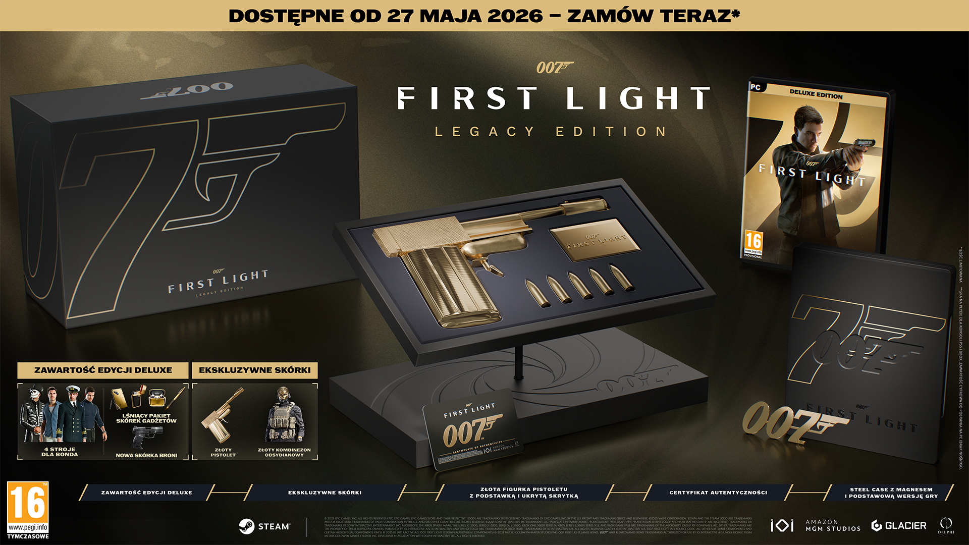 Zestaw gry James Bond 007 First Light Legacy Edition z repliką złotego pistoletu, pudełkiem gry i detalami promocyjnymi.