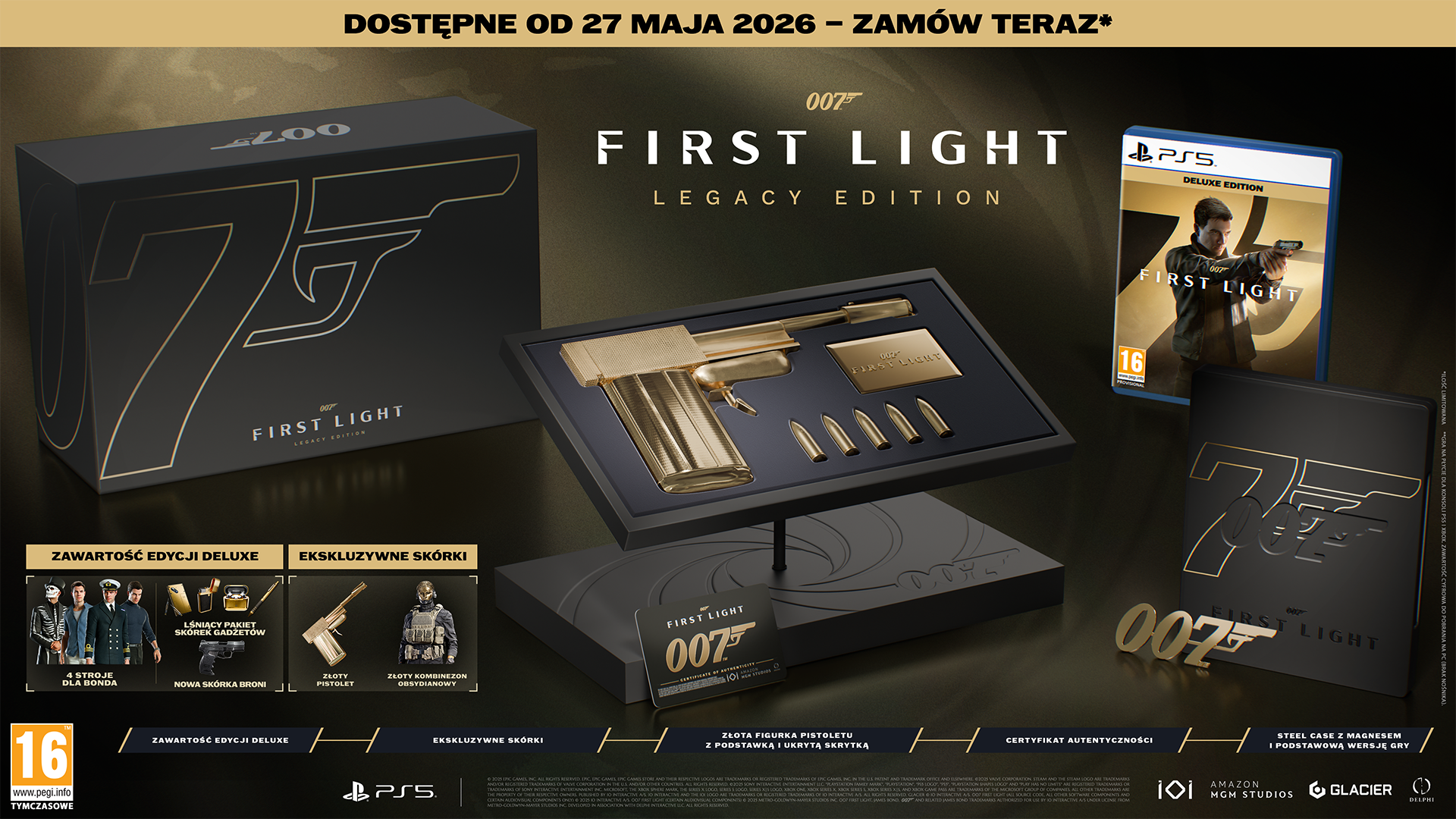 Gra James Bond 007 First Light Edycja Deluxe ze złotymi rekwizytami.